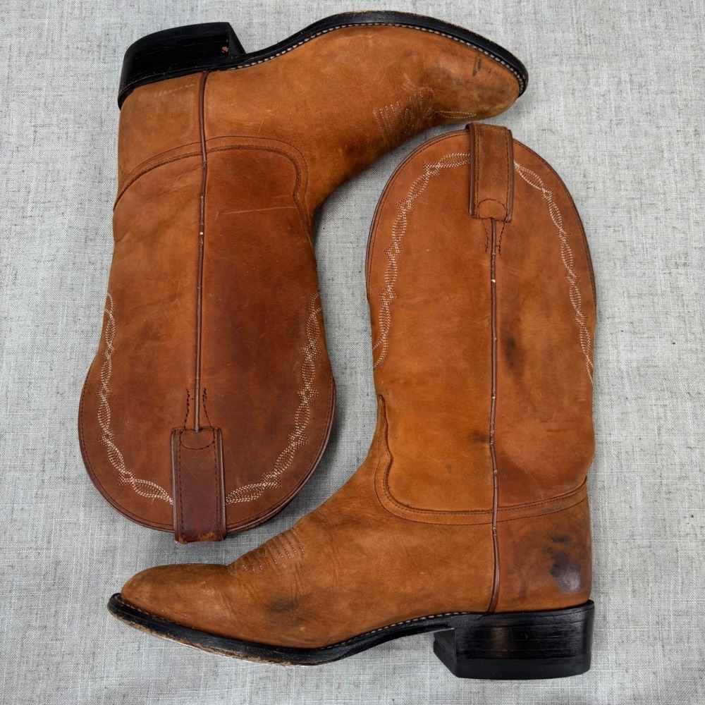 Tony Lama Cowboy Western Boots Tan Brown Leather Roper Women's Size 7B - Picture 8 of 9